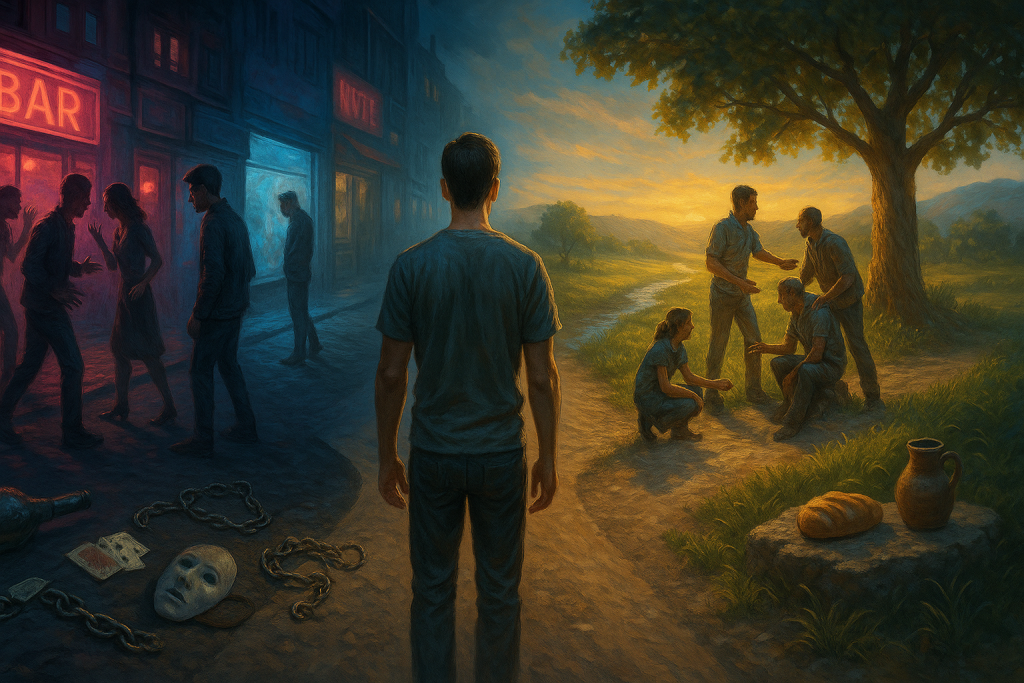 Imagem horizontal 16:9 ilustrando **Obras da Carne Galatas**: um homem parado em uma bifurcação entre dois caminhos. À esquerda, cidade noturna com néons frios, correntes, máscara e garrafa simbolizando **obras da carne**; à direita, campo ao amanhecer com oliveira, pessoas ajudando umas às outras, pão e jarro, representando vida transformada. Cena clara e nítida, perfeita para explicar **obras da carne gálatas** e detalhar **obras da carne versículo** no artigo.